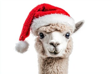 Fototapeta premium Alpaca with a fluffy coat and a red Santa hat on isolated white background