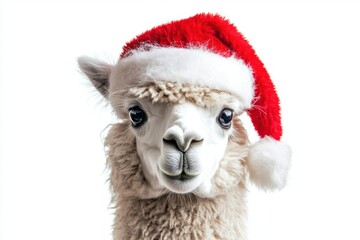 Alpaca with a fluffy coat and a red Santa hat on isolated white background