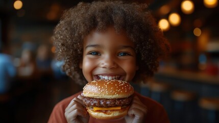 african american little boy eating hamburger in fast food restaurant