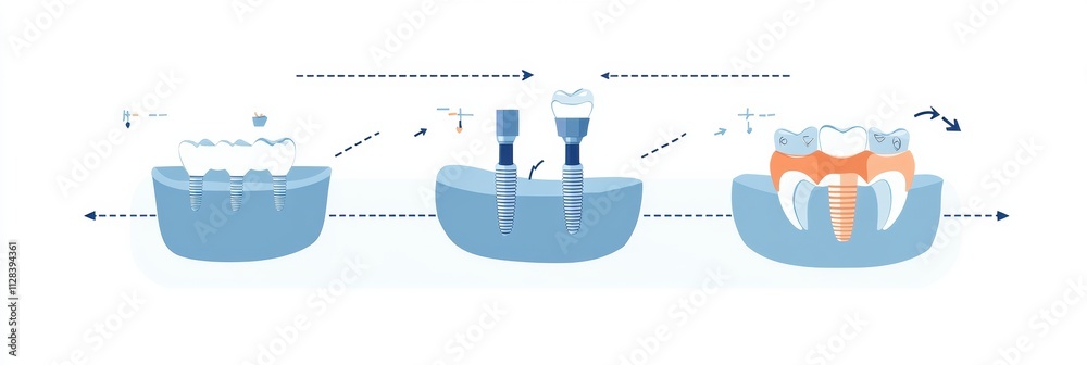 Aufkleber This illustration outlines the sequential stages of dental implants, showcasing the procedure from start to finish with designated text space. Generative AI