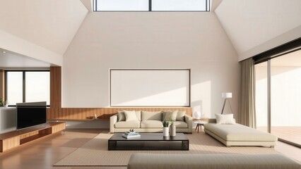 Modern Minimalist Living Room with High Ceiling and Natural Light - Ideal for Home Decor and Interior Design Inspiration