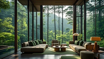 Fototapeta premium Elegant room with a large window showcasing a stunning forest view. Perfect for use as a background in design projects, advertisements, real estate promotions, or interior decor inspiration