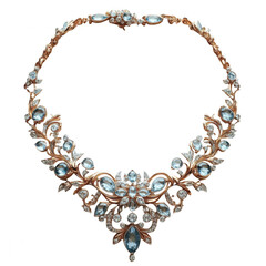 Obraz premium Gold and diamond necklace with aquamarine stones, on transparent background, 3d rendering