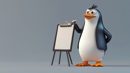 Penguin with flip chart symbolizes engaging and creative presentation skills.