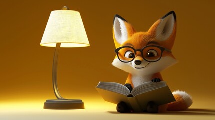 A fox with glasses reading a book under a lamp, symbolizing animal intelligence.