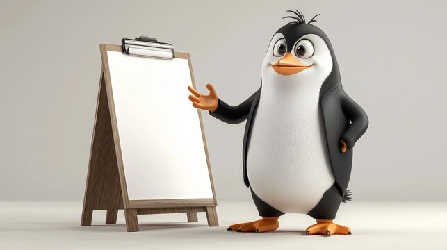 Cartoon penguin presenting at a flipchart, symbolizing engaging public speaking and professionalism.
