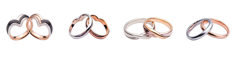 Fototapeta premium Interlocked precious metal wedding and engagement rings in different styles and colors symbolizing eternal love commitment and devotion between partners The rings display a variety of designs