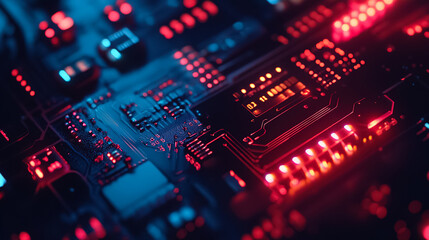 Fototapeta premium Intricate circuitry illuminated with red and blue lights showcasing modern technology at work. Generative AI
