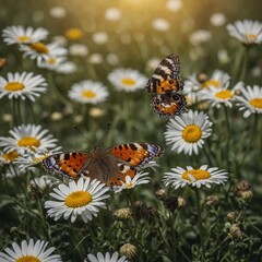 A butterfly hovering over a blooming flower in a vibrant field of daisies.