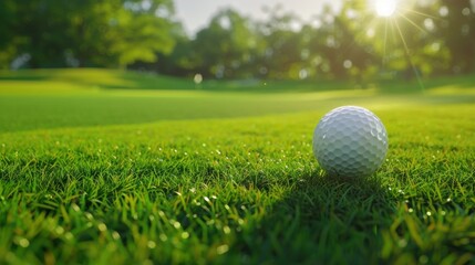 Obraz premium Golf ball sits on the vibrant green grass of a golf course, bathed in the warm, inviting glow of the morning sun, creating a serene and promising start to a day of golfing