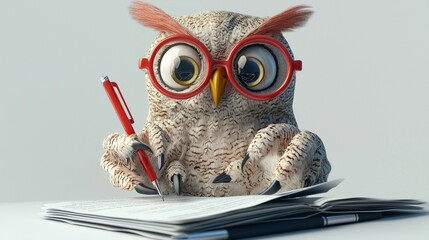 An owl with glasses writing in a notebook symbolizes wisdom in financial planning and meticulous bookkeeping.