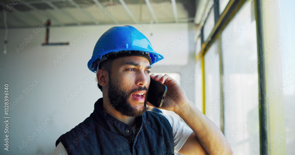Aufkleber Man, construction worker and phone call with talking for property, building and contact for project. Person, engineer or architect on smartphone, feedback and discussion for real estate development