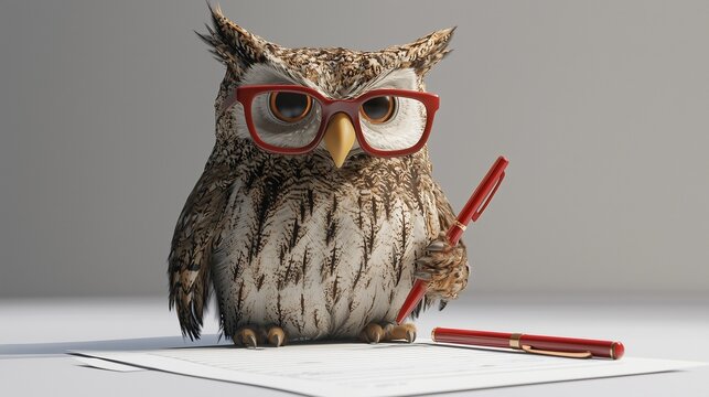 Owl with glasses holding a pencil, symbolizing tax calculation and bookkeeping. - Powered by Adobe