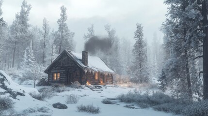 Rustic winter lodge in a pine forest, smoke coming from chimney, snow-covered trees 