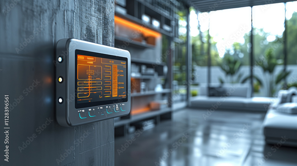 Aufkleber visualization of a system controlling a hvac system at house, digital dashboard overlay orange.
