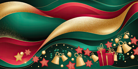 Festive Christmas Background Green Red Gold Waves Gifts Bells
