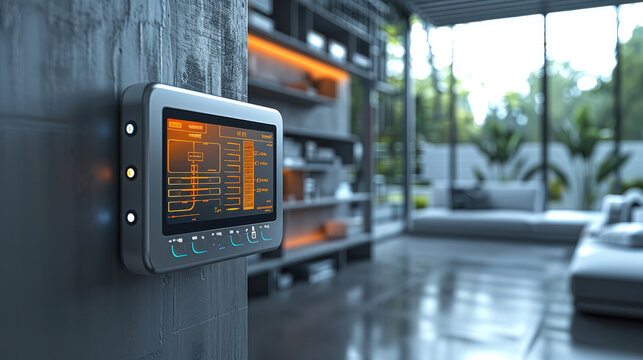 Visualization of a system controlling a HVAC system at house, digital dashboard overlay orange.