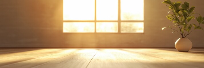 Fototapeta premium A sunlit room with a single plant, exuding warmth and serenity, reflects the beauty of minimalism and the peacefulness found in well-designed home environments.