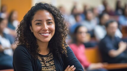 Hispanic professors captured smiling confidently in academic lecture halls filled with engaged students