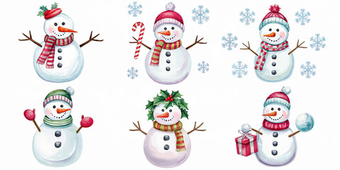 Adorable Watercolor Snowmen Christmas Holiday Illustration Set