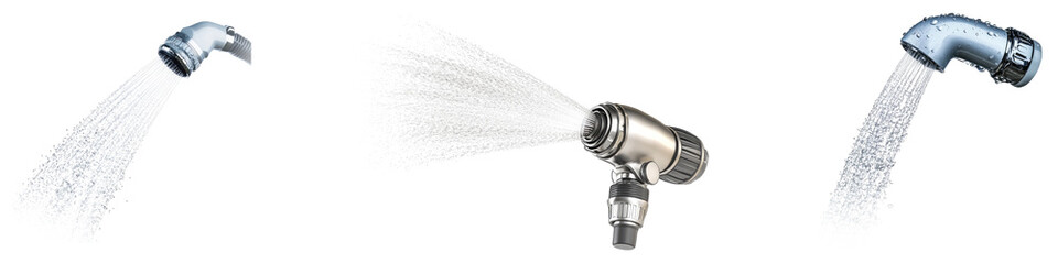 Water spray nozzle handle isolated on transparent background, Set of