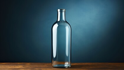 A clear glass bottle sits on a wooden table