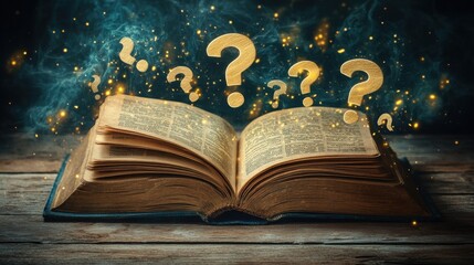 an open book with yellow question marks hovering over i