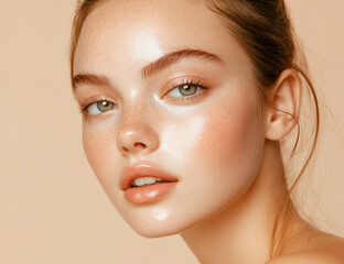 Fresh and radiant, this close-up portrait showcases a young woman's flawless skin after a rejuvenating beauty treatment