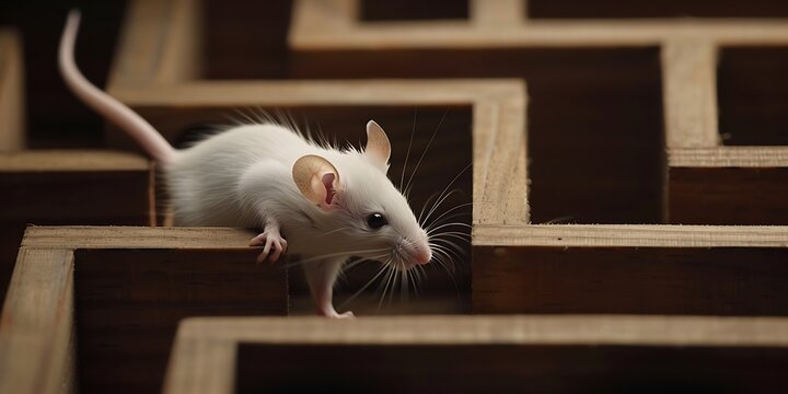white lab mouse explores a dark wooden maze during an experiment, navigating through the intricate pathways as part of behavioral research in a controlled laboratory setting