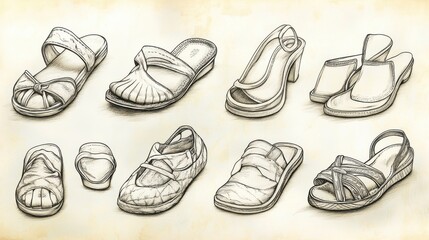 Fototapeta premium an outline drawing of several shoe types that can be colored in slates flip flops and slipper