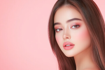 Fototapeta premium Beauty portrait of a young girl model with straight brown hair and pink lips against a soft pastel background, showcasing fresh skin and a flawless makeup look