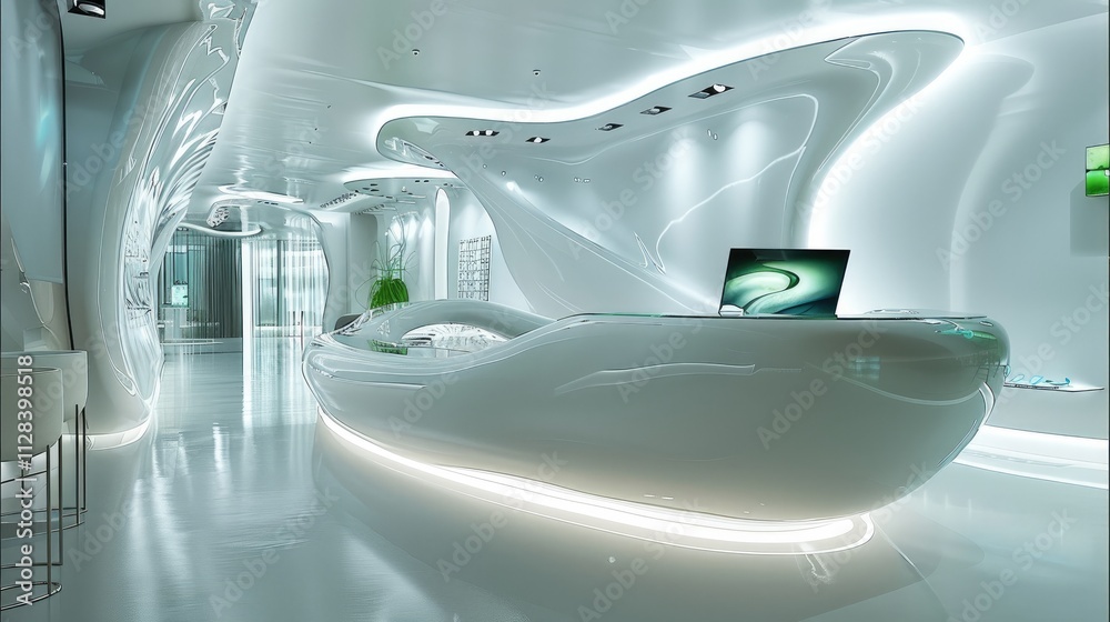 Aufkleber A futuristic reception area in a minimalist style with dominant smooth, streamlined shapes. The main element is the reception desk.