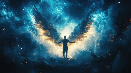 Naklejka premium angel the messenger of god man spreading his arms under wings with a night sky background