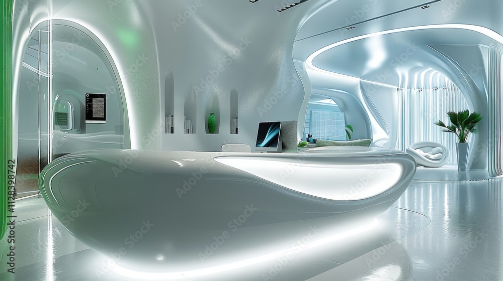 Aufkleber A futuristic reception area in a minimalist style with dominant smooth, streamlined shapes. The main element is the reception desk.