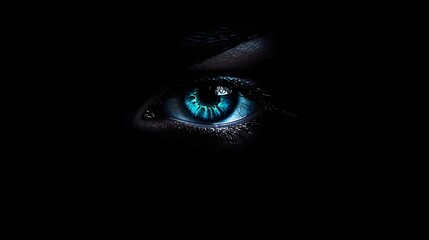A close-up of an eye with a blue iris, the background is black and has a dark fantasy