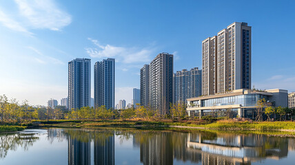 Naklejka premium abstract modern showcasing a vibrant cityscape with modern architecture, abstract modern construction of cityscape with buildings, modern interior architectural various building.