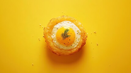 fried egg on a yellow background, vibrant colors, food photography artistic presentation, high quality, appetizing look, fresh ingredients, creative food styling, modern aesthetic, Hd image,