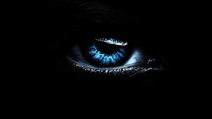 A close-up of an eye with a blue iris, the background is black and has a dark fantasy