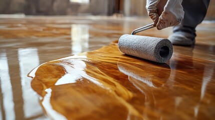 applying a wood floor lacquer a worker coats floors with a roller second layer of varnish lacquering applied with a paint roller on parquet flooring remodeled home floorin