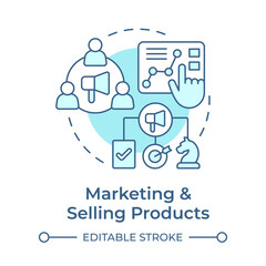 Marketing and selling products light blue concept icon. Start manufacturing business. Reach target audience. Round shape line illustration. Abstract idea. Graphic design. Easy to use in article