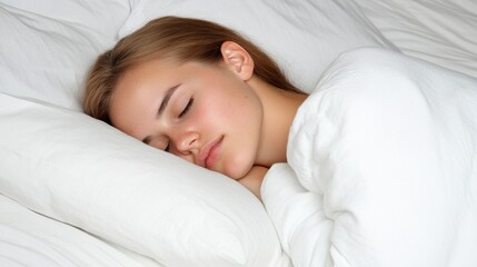 Young woman peacefully sleeping on a white bed with soft pillows and blanket