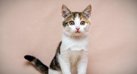Fototapeta premium Adorable calico kitten with curious eyes against soft peach background