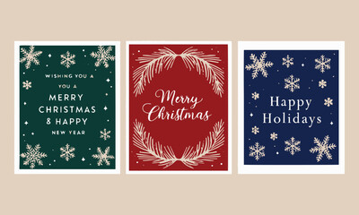 Merry Christmas and Happy New Year Greeting Cards, These are three elegant Christmas cards with luxurious designs, cards have a dark navy background adorned with golden decorative elements, including 