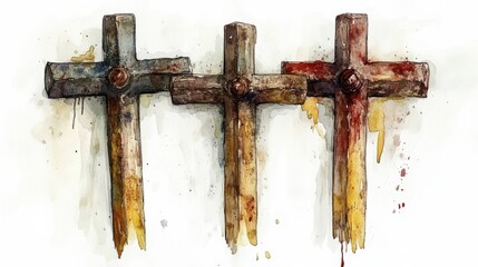 arma christi holy nails symbols of sacrifice watercolor illustration of three crosses in the shape of nails on a white background digital painting