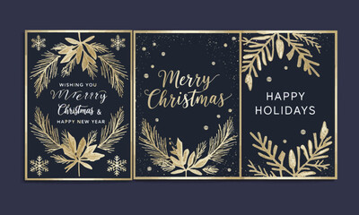 Merry Christmas and Happy New Year Greeting Cards, These are three elegant Christmas cards with luxurious designs, cards have a dark navy background adorned with golden decorative elements, including 