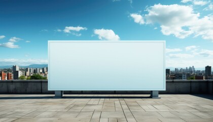 A large white billboard sits on a rooftop in a city