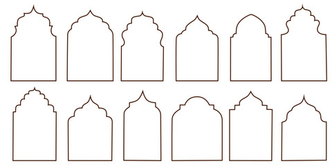 
Shape Islamic door and window silhouette Arabic arch. Collection of patterns in oriental style. Frames in Arabic Muslim design for Ramadan Kareem. Vector mosque gate shape isolated on white backgroun