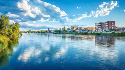 Scenic view of a river reflecting city buildings and clouds under a bright sky during daytime. Generative AI