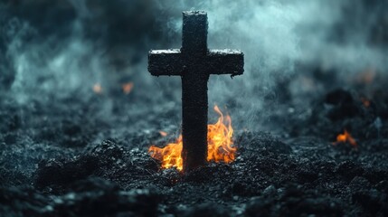 ash wednesday burning coals in the smoke on the background of the cross