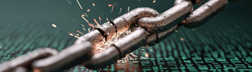 Fototapeta premium A close-up of a metallic chain breaking, with sparks flying, symbolizing strength, failure, and the concept of breaking barriers.